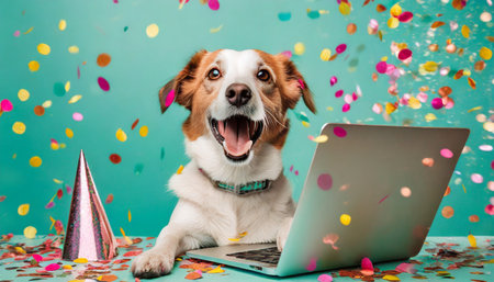 excited happy dog with laptop and colorful confetti popper falling on pastel turquoise backgroundの素材