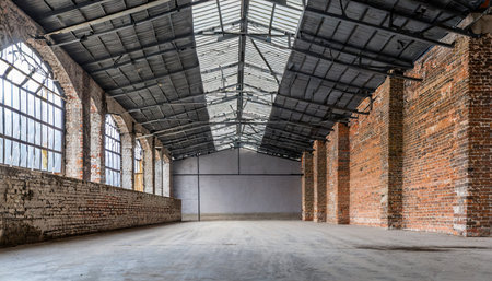 industrial loft style empty old warehouse interior brick wall concrete floor and black steel roof structureの素材