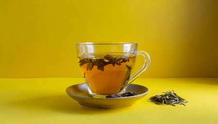 trajan medicinal tea in a glass cup on a yellow background in a minimalist style copy spaceの素材
