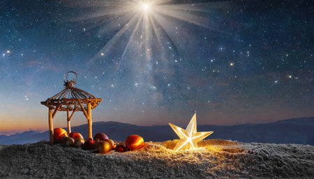 the star shines over the manger of christmas of jesus christ concept generative aiの素材