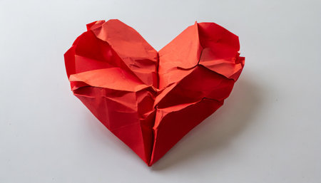 crumpled red heart paper on white background broken heart conceptの素材
