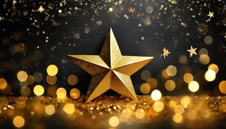 golden christmas star on bokeh black background xmas card with gold star shining discretely on a dark wall setting seasonal greetings invitation festivity luxuryの素材