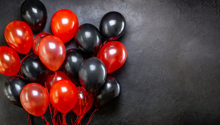 red and black balloons on a background with copy space the concept of a holiday or black fridayの素材