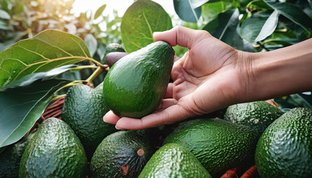 close up cropped hand picking avocado fruitの素材