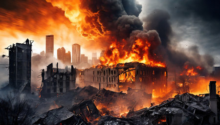 an image representing a destroyed city in a fire storm generative aiの素材