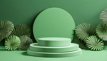 minimal scene with cylinder podiums on green background abstract geometric shape for products presentation 3d render illustrationの素材