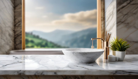 a marble sky counter table and a modern house bathroom beautiful light background inserted through the window minimalist concept of mockup and advertisingの素材
