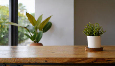 close up image of mockup space on a minimal wooden tabletop in a minimalist roomの素材