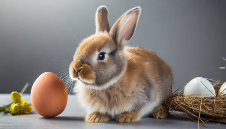 easter bunny rabbit with egg on gray backgroundの素材