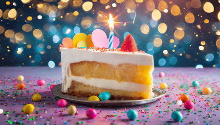 delicious slice of birthday cake on a backgroundの素材