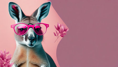 kangaroo in pink glasses banner with pink background australian animal advertising sale postcardの素材