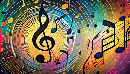 colorful music notes background with sheet music disc and treble clef illustration ai generativeの素材
