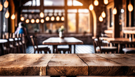 empty rustic bar restaurant cafe wooden table space platform with defocused blurry pub interior sunny weather autumn summer spring warm cozy house cottage core mockup product display backgroundの素材