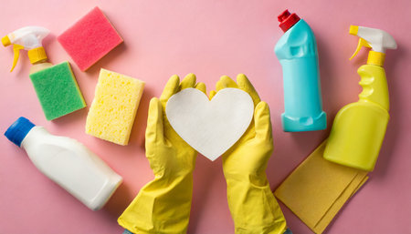 top view photo of hands in yellow rubber gloves holding white paper heart detergent bottles multicolor rags scouring pads on pink background with copyspaceの素材
