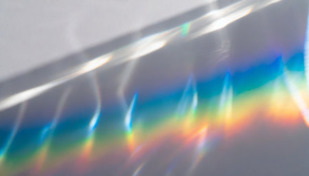 water texture overlay effect for photo and mockups organic drop diagonal shadow caustic effect with rainbow refraction of light on a white wallの素材