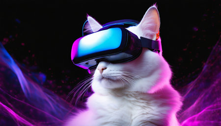 white cat wearing vr headset surreal worlds and colorful black in the background and purple light generative aiの素材