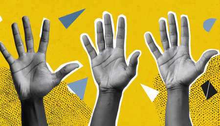 collage in magazine style with hands showing different gestures on yellow backgroundの素材