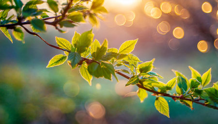 fresh green leaves in spring and bokeh backgroundの素材