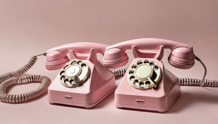 creative layout with pink retro phone handsets on pastel pink background 80s or 90s retro fashion aesthetic telephone concept minimal romantic handset idea valentines day ideaの素材