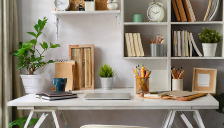 home office working space white shelf with accessoriesの素材