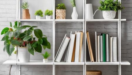 white bookshelf with plants and folders over wallの素材