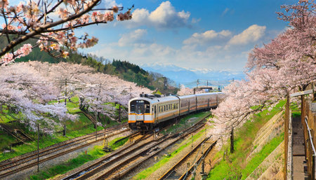 train on the railway and sakura ai generatedの素材