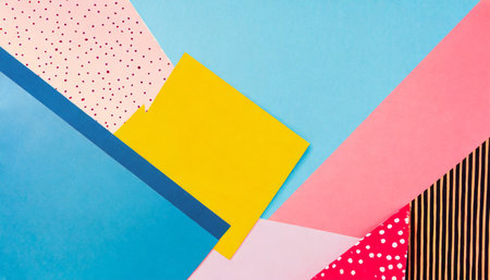 texture banner background of fashion papers in memphis geometry style yellow blue light blue red and pastel pink colorsの素材
