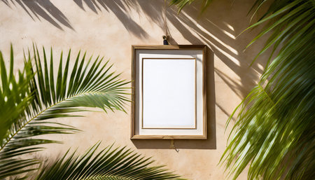 on a beige wall a blank wooden picture frame is hanging mock up of an empty poster for a piece of outdoor art a minimalist interior overlay of shadowy palm foliage summertime style generative aiの素材