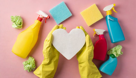 top view photo of hands in yellow rubber gloves holding white paper heart detergent bottles multicolor rags scouring pads on pink background with copyspaceの素材