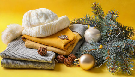 stylish winter clothes and christmas decor on yellow backgroundの素材