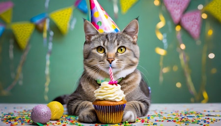 cat celebrating with party hat and birthday cupcakeの素材