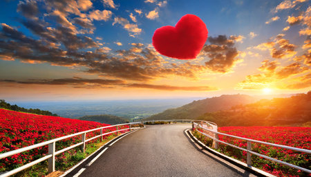 red heart shaped clouds at sunset beautiful landscape with road love background with copy space road to loveの素材