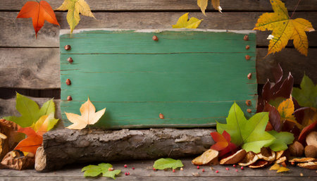 rustic blank antique green wood sign with fall leaves on log borderの素材