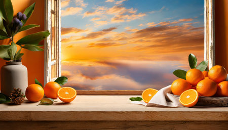 window sky display product orange background oranges fruits mockupの素材