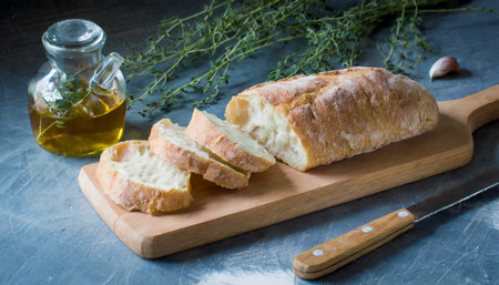 ciabatta bread sliced on a boardの素材