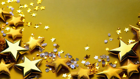 golden stars and crystals confetti scattered on a yellow background festive concept with copy space selective focusの素材