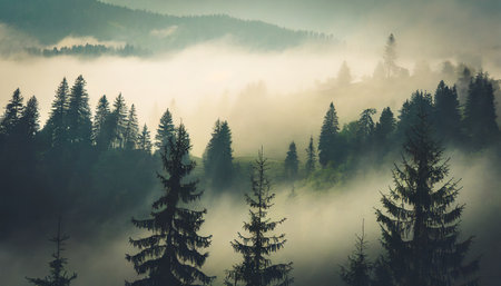 misty landscape with fir forest in vintage retro style generative aiの素材