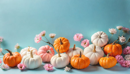 small orange white and pink pumpkins on pastel blue backgroundの素材