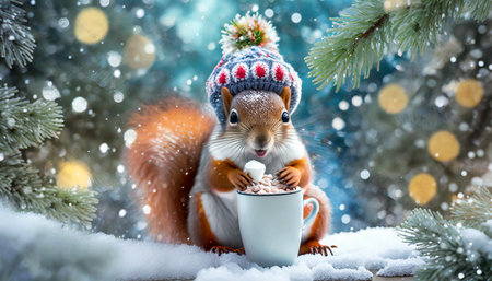 a cheerful cute squirrel in a knitted hat drinks cocoa from a cup against the background of a winter forest with fir trees snow and colorful lights postcard for the new year holidays generative aiの素材