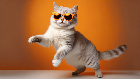 cute cat with sunglasses dancing on orange background generative aiの素材