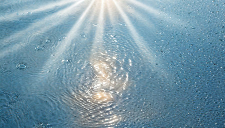 abstract rain drops with sun lights from above beautiful water background with copy space for products or text concept banner for beach vacation or beauty spaの素材