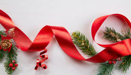 a red christmas ribbon on a white backgroundの素材
