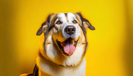 a happy big dog on a bright yellow backgroundの素材