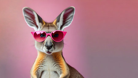 kangaroo in pink glasses banner with pink background australian animal advertising sale postcardの素材