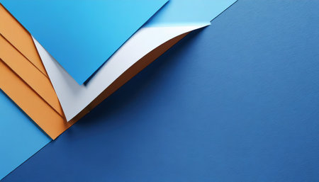 3d render abstract blue background with sticker paper sheets curly page corner blank banner modern minimalist wallpaperの素材