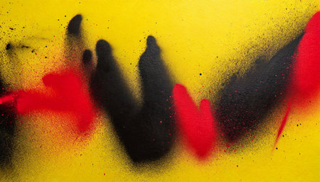 black and red spray paint on a yellow colored paper backgroundの素材