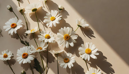 elegant aesthetic chamomile daisy flowers pattern with sunlight shadows on neutral beige backgroundの素材
