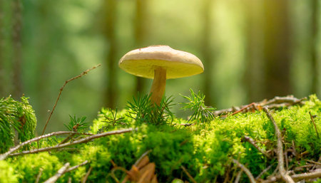 fresh healthy mushroom in green sunny coniferous forest panorama generative aiの素材