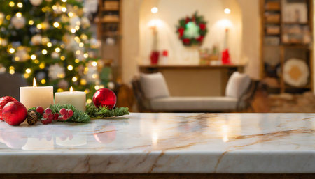 christmas background of marble table top with abstract warm living room decor generative aiの素材