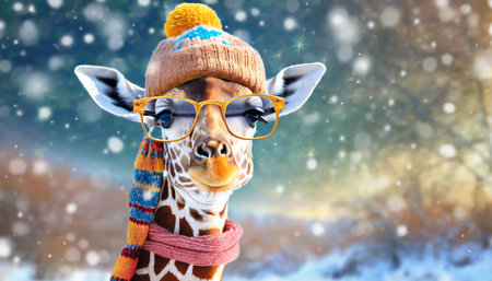 cute giraffe in glasses wearing scarf and knitted hat portrait of funny animal on outdoor winter background close up with copy spaceの素材